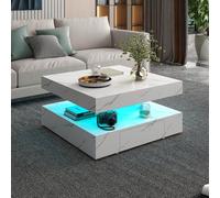 Keepreaper Sleek Led Coffee Table With 2 Storage Drawers Modern Square Design For Living Room White Marble Finish