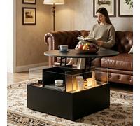 Keepreaper Sleek Round Top Led Coffee Table 80Cm With Drawers Storage Black