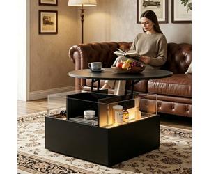 Keepreaper Sleek Round Top Led Coffee Table 80Cm With Drawers Storage Black