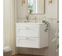 Keepreaper Sleek Under Sink Bathroom Cabinet With Ceramic Basin And 2 Soft Close Drawers 600mm Wall Hung Unit White