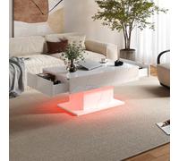Keepreaper Sleek White Marble Finish Coffee Table With 2 Storage Drawers And Led Lights
