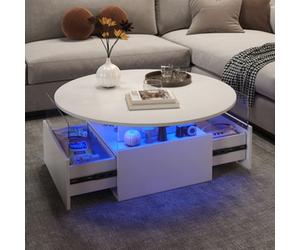 Keepreaper Sleek White Round Coffee Table With Led And Storage For Living Room