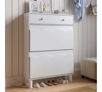 Keepreaper Sleek White Shoe Cabinet With 2 Flip Drawers And 1 Pull-Out Drawer For Entryway