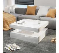 Keepreaper Sleek White Square Coffee Table With Storage And Led Light 2-Tier Design For Living Room