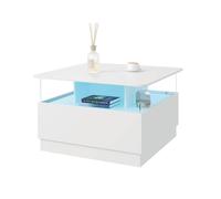 KEEPREAPER Square Coffee Table with 2 Drawers & LED Light Modern Storage in White KEEPREAPER White
