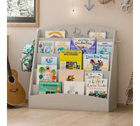 Keepreaper Stylish 5-Tier Kids Bookshelf Grey Wooden Bookcase With Hooks For Toddlers