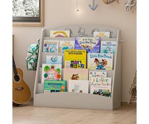Keepreaper Stylish 5-Tier Kids Bookshelf Grey Wooden Bookcase With Hooks For Toddlers
