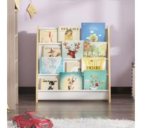 Keepreaper Stylish Kid Sling Bookshelf 4 Tier Wooden Bookcase With 4 Deep Fabric Pockets For Kids Room