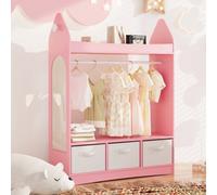 Keepreaper Stylish Kids Wardrobe With Mirror Open Hanging Storage And 3 Drawers Pink Rocket Design