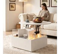 Keepreaper Stylish Round Top Lift Top Led Coffee Table With Drawers Storage White 80Cm