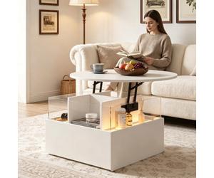 Keepreaper Stylish Round Top Lift Top Led Coffee Table With Drawers Storage White 80Cm