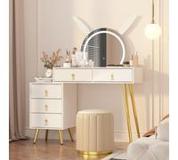 Keepreaper White Dressing Table Vanity Desk With Mirror Led Lights 5 Drawers And Metal Legs