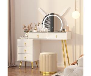 Keepreaper White Dressing Table Vanity Desk With Mirror Led Lights 5 Drawers And Metal Legs