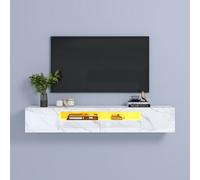 Keepreaper White Marble Finish Floating Tv Stand With Led Light And Storage Cabinet High Gloss Tv Unit For 55 To 80 Inch Tv