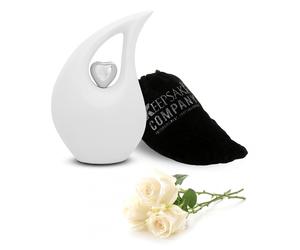 KEEPSAKE COMPANY White Tear Drop Medium Urns for Human Ashes with Silver Heart (6 Inch Height) - Unique Medium Urn Funeral Urn - Small Pet U