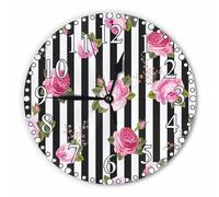KEEPSUPER Pink Roses Wall Clock 10 Inch Battery Operated Flower Blossom Floral Stripe Clock Silent Non-Ticking Modern Clocks Decorative for Home Kitchen Living Room Bathroom Office