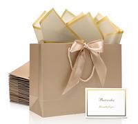 KeerxunBag 12 Pack Gift Bags Set with 24 Sheets Tissue Paper, 12 Thank You Cards & 12 Bow Ribbons - 12.5"x10"x4.3" Wedding Favor Bags for Birthday, Bridesmaid Gifts (Champagne color)