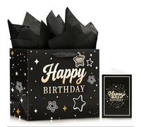KeerxunBag Happy Birthday Black Gift Bag - with 3 large Tissue Papers & Greeting card, Medium-sized Boy Birthday Gift Bag (Black)