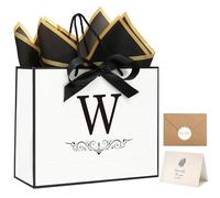 KeerxunBag White gift Bag with the first letter W- A paper gift set featuring a bow ribbon, tissues and greeting cards, suitable for birthday parties for everyone. (W)