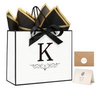 KeerxunBag White gift Bag with the first letter W- A paper gift set featuring a bow ribbon, tissues and greeting cards, suitable for birthday parties for everyone. (K)