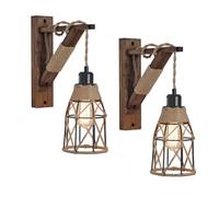 KEESFU Wall Sconces Set of 2 - Wall Decor Lighting with Rustic Farmhouse Metal Cage & Wooden Bracket, Adjustable Height Wall Light for Bedroom, Living Room, Bedside