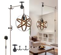 KEESFU Wood Grain Globe Plug in Pendant Light, Vintage Pulley Hanging Ceiling Lamp with 3.5m Cord & On/Off Switch, Adjustable Hanging Light for Kitchen Island, Pool Table, Bedroom