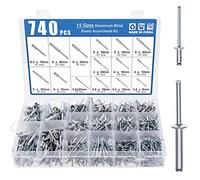 KEESIN 740pcs Aluminum Blind Rivets Kit 15 Sizes,6.4mm/6mm/5mm/4mm/3.2mm Aluminum Blind Rivets Dome Head Rivet Open End Pop Rivets Core Pulling Rivets for Furniture Machinery Electrical appliances