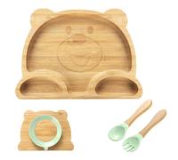 KEESIN Bamboo Children's Dinner Plate Set of 4,Bamboo Baby Weaning Suction Plate,Baby Feeding Set,Including Silicone Spoon and Fork,Suitable for Feeding Babies from 3 Months Onwards (Bear)