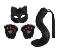 KEESIN Faux Fur Animal Mask Tail Gloves Set | Fox Mask Tail & Plush Gloves | Cospaly Role Play Costume for Adults Party Style (Black)
