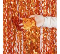 KEEUH 4 Pack Orange Wavy Metallic Tinsel Foil Fringe Curtains | 3.3 ft x 6.6 ft Party Streamer Backdrop Photo Booth for Orange Basketball Party Decorations Holloween Christmas