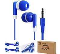 Keewonda 12 Pack Bulk Wired Earbud Headphones for Kids - Individually Wrapped, Blue, 3.5mm Jack, 4ft Cord, Classroom School Supplies for Students, Chromebook, Tablet, Laptop