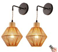 KEFA Battery Operated Wall Sconce Light With Remote Control,Rechargeable Rattan Wall Lamp With Bulb & Charger, Not Hardwired Indoor Dimmable Wall Light Fixture For Bedroom Living Room (Size : Set of