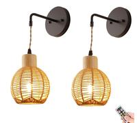 KEFA Battery Operated Wall Sconces, Rechargeable Wireless Rattan Wall Lights Fixture, Not Hardwired Dimmable Wall Lamp with Remote for Bedroom, Living Room, Bathroom, Hallway (Size : Set of 2)