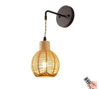 KEFA Battery Operated Wall Sconces, Rechargeable Wireless Rattan Wall Lights Fixture, Not Hardwired Dimmable Wall Lamp with Remote for Bedroom, Living Room, Bathroom, Hallway (Size : Set of 1)