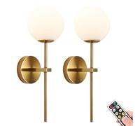 KEFA Gold Battery Operated Wall Sconces Set of 2, Modern Globe Glass Shade, not Hardwired Brass Fixture Lighting, Battery Powered Dimmable Wall Lights, Not Wire, for Bedroom, Living room, Lounge, Bath