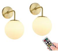 KEFA Gold Wireless Wall Sconce, Remote Led Wall Lights Battery Operated, Vanity Light Fixture Brass Mid Century Modern Glass Globe for Restaurant Living Room Bedroom Bedside Stairs Bathroom Mirror