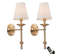 KEFA Rechargeable Battery Operated Wall Sconces with Remotes & Bulbs, American Antique Brass Vintage Fabric Shade Battery Powered Wall Light, No Wiring Wall Lamp for Living Room Hallway Bedroom Porch