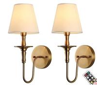 KEFA Wireless Battery Operated Wall Sconces Set of 2,No Wiring Rechargeable Wall Lights with Remote,Antique Brass Vintage Fabric Shade Wall Lamp Fixtures for Living Room Bedroom Hallway Farmhouse TV