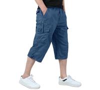 KEFITEVD 3/4 Length Mens Shorts Baggy Cargo Work Shorts Elastic Waist Long Capri Shorts,Grey Blue,32