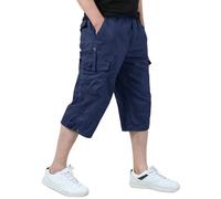 KEFITEVD Men's Casual Cargo Shorts Elastic Waist Work Shorts Summer 3/4 Length Capri Shorts,Navy Blue,32