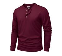 KEFITEVD Men's Grandad Collar Henley T Shirt Casual Smart Buttons Tee Long Sleeve Collarless T-Shirts Regular Fit Top Wine Red XL
