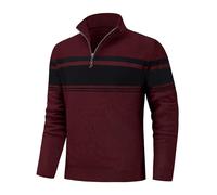 KEFITEVD Mens Quarter Zip Jumper Winter Turtleneck Knitted Sweater Leisure Striped Pullover Cotton V Neck Jumpers Wine Red Black S