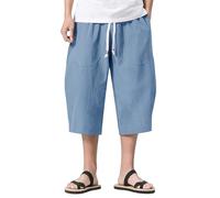 KEFITEVD Men's Shorts 3/4 Length Baggy Capri Trouser Elasticated Waist Cotton Pants Harem Long Shorts for Work Blue Grey 34
