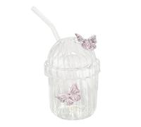 KEFSR Dream Cute Glasses with Lid and Straw, 400ML High Borosilicate Glass Cup, Crystal Clear Princess Style Glassware for Coffee Tea Milk Cocktail Whiskey Juice (stripe Butterfly)