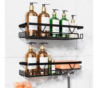 KEGII 2 Pack Adhesive Shower Caddy - Black Stainless Steel Shower Shelf with Soap & Razor Holder, No Drill for Bathroom Kitchen, 5KG Load Capacity