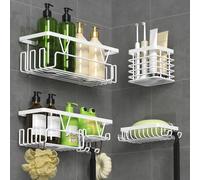 Kegii Adhesive Shower Caddy Set with 2 Shower Shelves + Toothbrush + Soap Holder, 4-Piece Bathroom Organiser, White, Stainless Steel, No Drilling