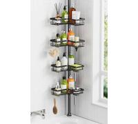 KEGII Corner Shower Caddy Telescopic 4-Tier Upgrade Shower Organiser Black | Tool-free clip-on Basket Installation, Adjusts 63.5-290cm, Rustproof Shower Shelves with Soap Dish/Razor Holder/24 U-hooks