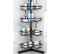 Kegii Modern Minimalist 4-Tier Black Shower Caddy - Freestanding or Wall-Assisted, Adjustable Height, No-Drill Wall Mount, Stainless Steel, 4 Compartments