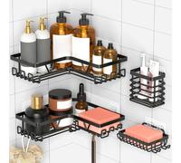 Kegii Shower Caddy Corner - 4-Piece Shower Shelf with Soap Dish & Toothbrush Holder, Black Bathroom Organiser Stainless Steel Bathroom Storage Gift for Home