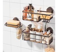 Kegii Suction Cup Shower Caddy, 3-Piece Suction Shower Shelf Set with Soap Dish & Hooks, Adhesive Bath Organiser for Bathroom, Kitchen, Laundry Room, Bronze